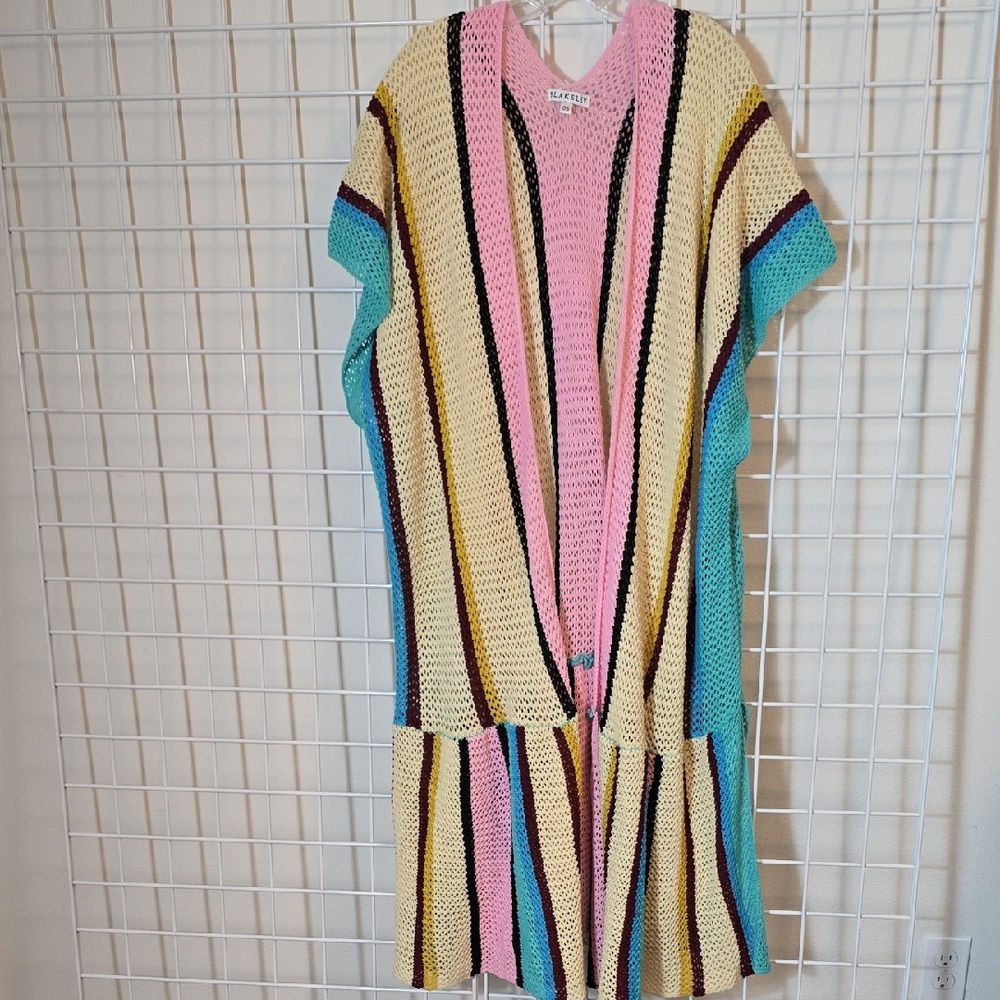 Blakeley Open-Knit Crochet Striped Long Kimono - Pink, Yellow & Turquoise OS